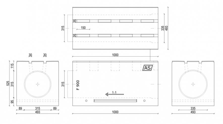 1m Schlitzrinne AS-2S300 Betonrinne Monoblock 50x52cm DN315 D400 E600 F900 Entwässerungsrinne