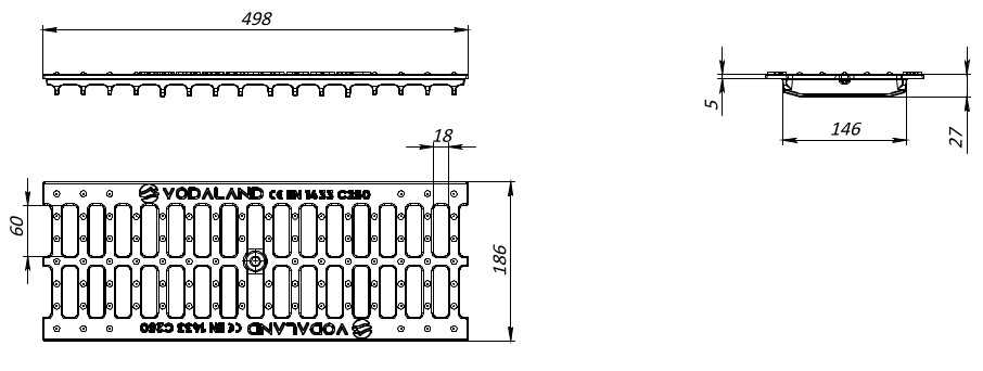 1m. set Beton Entwässerungsrinne DN150 C250 21x22 cm inkl. Gussrost & Kantenschutz C250