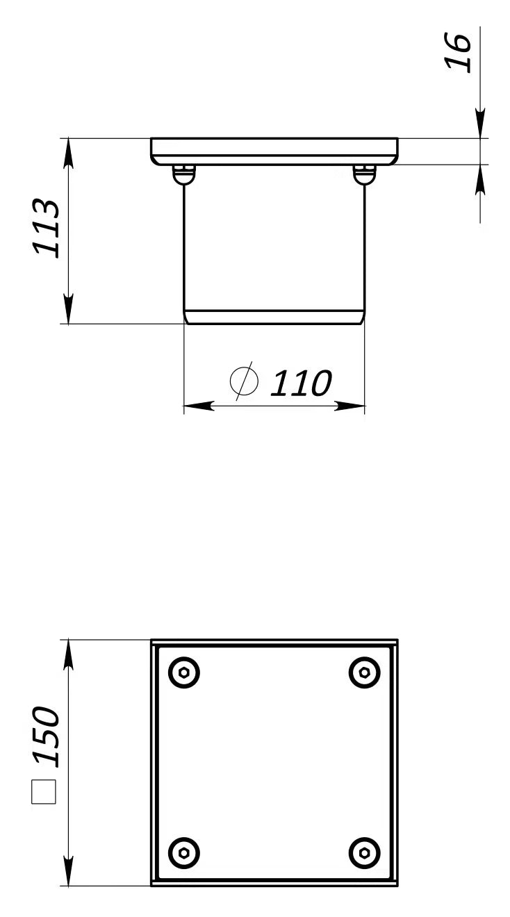 Reinigungsverschluss aus Edelstahl 150×150 mm mit Ablauf DN110 B125