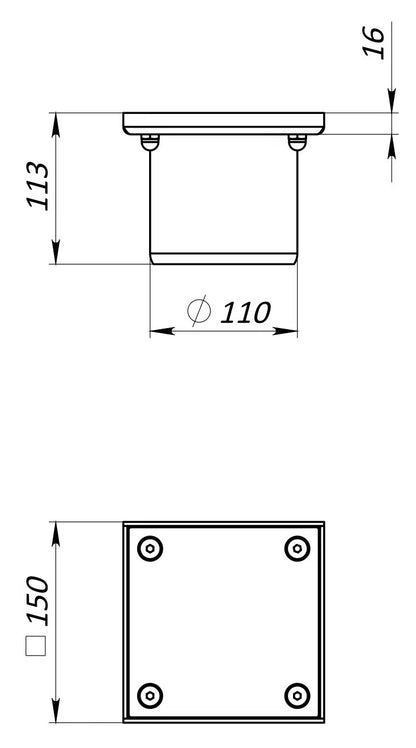 Reinigungsverschluss aus Edelstahl 150×150 mm mit Ablauf DN110 B125
