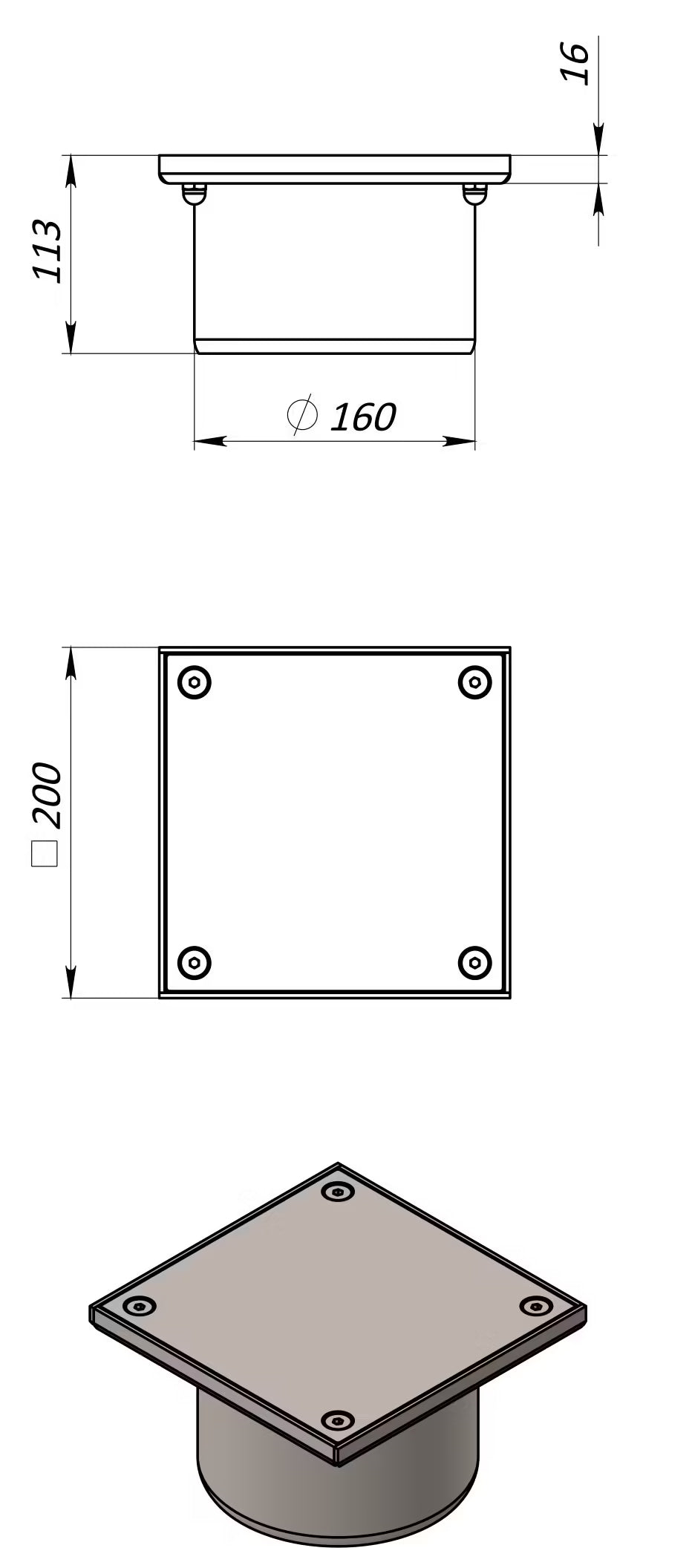 Reinigungsverschluss aus Edelstahl 200×200 mm mit Ablauf DN160 B125