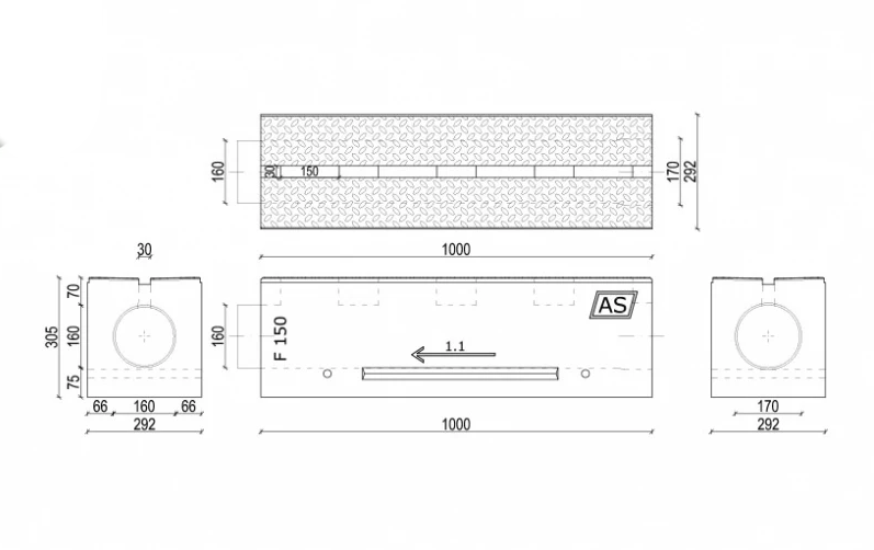 1m Schlitzrinne verstärkt AS-S150R Betonrinne Monoblock 29x30cm DN150 D400 E600 F900 Entwässerungsrinne