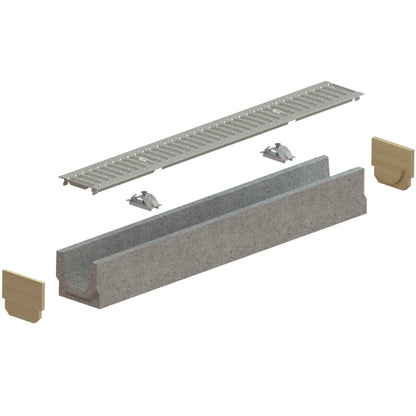 1m set. Betonrinne 14x12,5cm inkl. Gitterrost aus Verzinktem Stahl