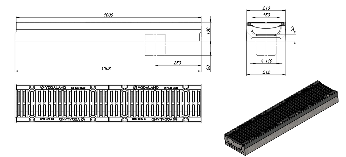 1m. set Schwerlastrinnen Betonrinne 21x10cm + Gussrost D400