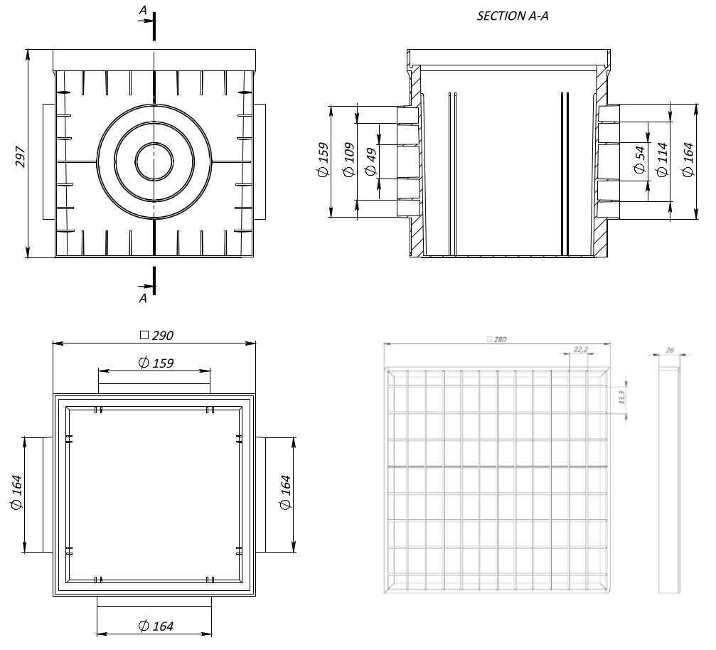 Hofabläuf / Punktentwässerung 30x30cm verzinkter Gitterrost mit Fangkorb + Siphone