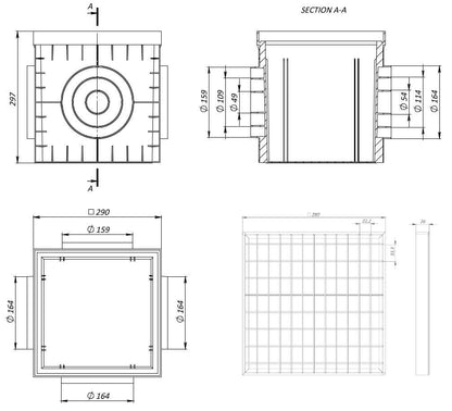 Hofabläuf / Punktentwässerung 30x30cm verzinkter Gitterrost mit Fangkorb + Siphone
